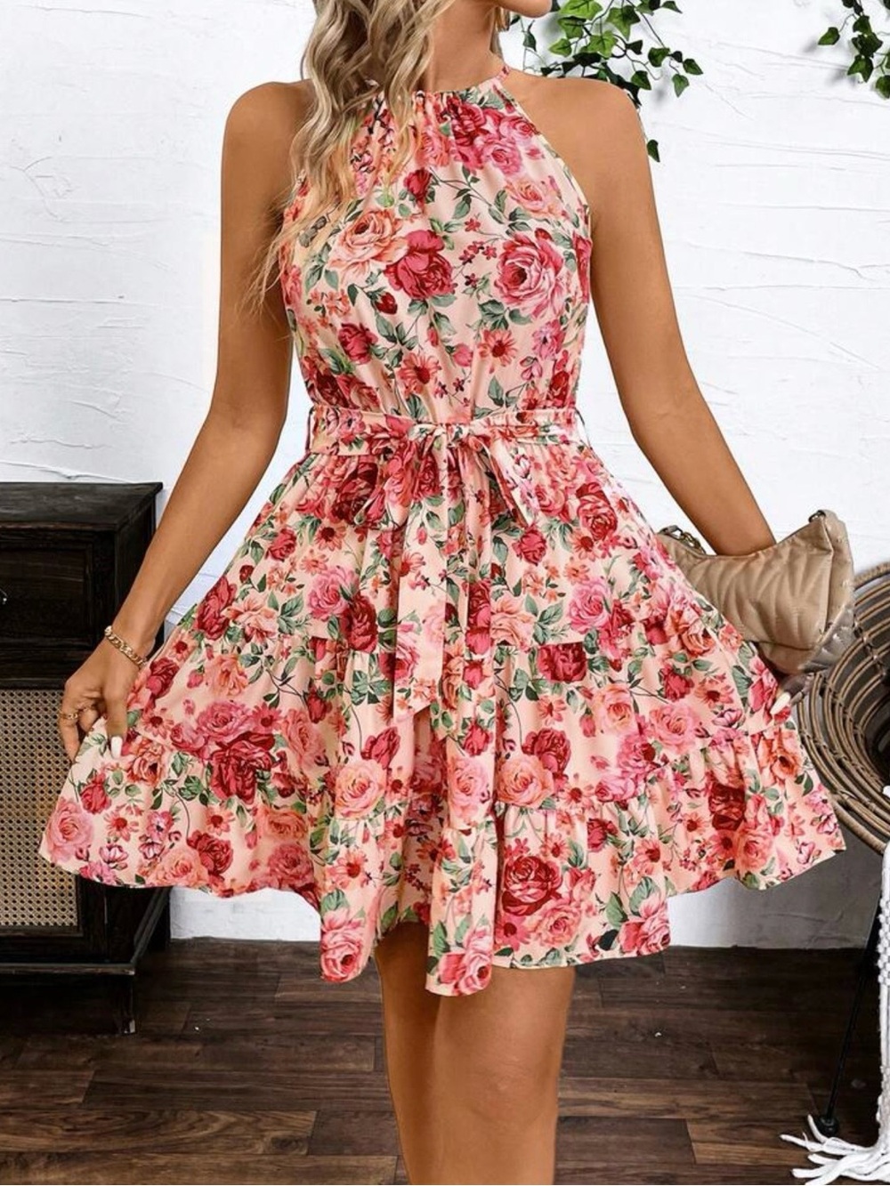 Pink Floral Halter Tie-Waist Mini Dress